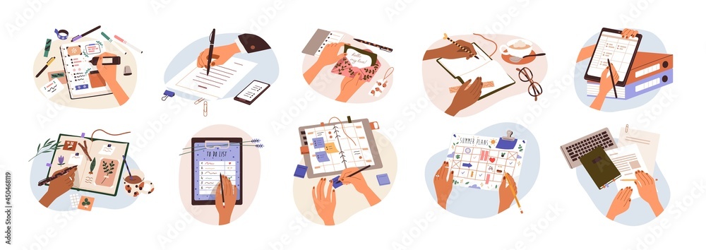 Set of hands holding pens and pencils, writing letter on paper, taking ...