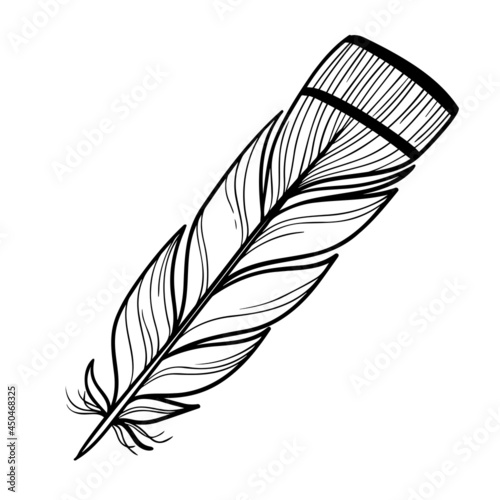 A bird's feather. Black outline of a bird's feather close-up on a white background. Vector graphics. Material for printing on paper or fabric.