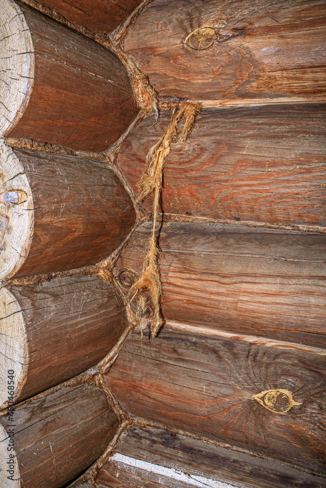 A fragment of the wall of an old wooden house in close-up A fragment of the wall of an old wooden house in close-up