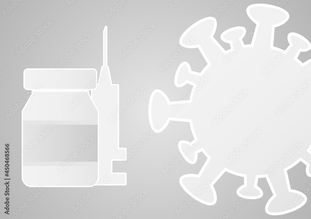 White and gray influenza virus pathogen covid-19 vector.Paper cut style virus background image.Symbol icon syringe bottle vaccine antivirus white blank for enter text.