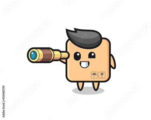 cute cardboard box character is holding an old telescope