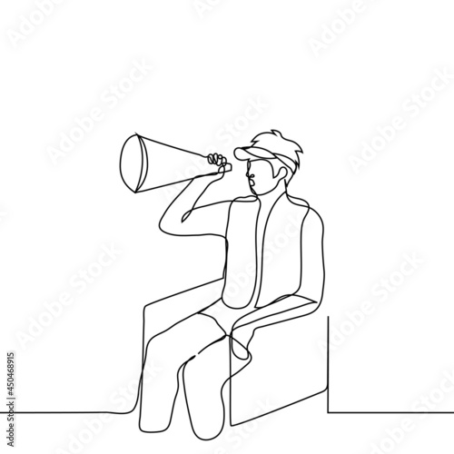 beach lifeguard sits and speaks into loudspeaker - one line drawing. male rescuer sits on a tower in a cap and a life jacket he makes a warning