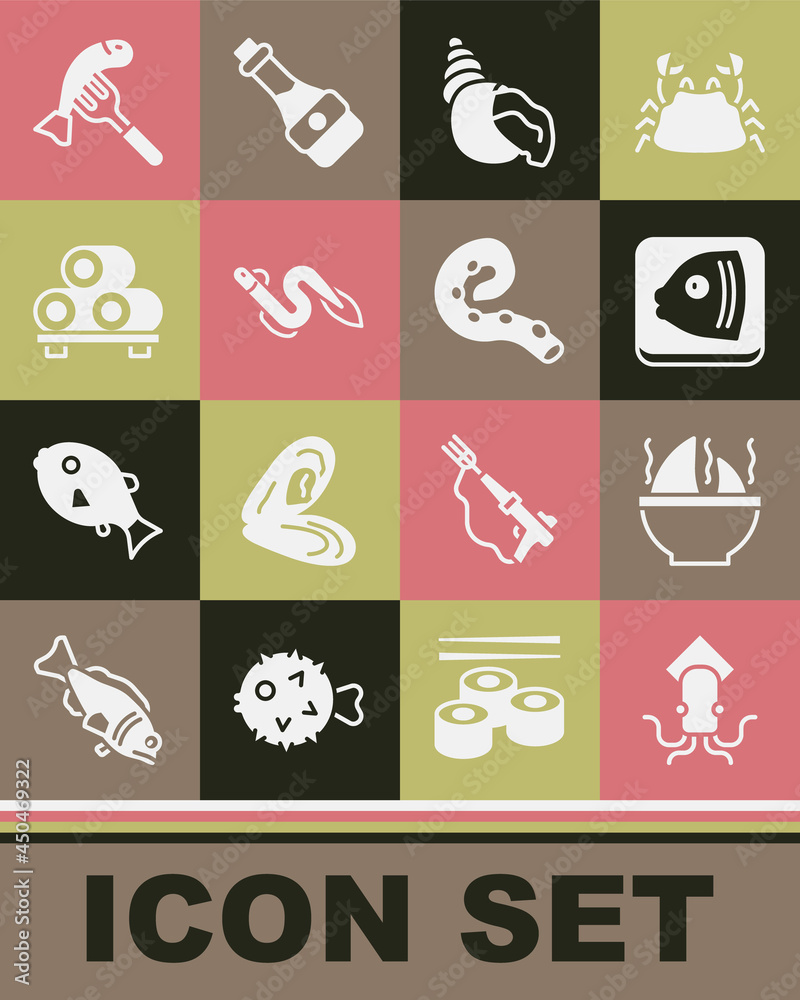 Set Octopus, Shark fin soup, Fish head, Scallop sea shell, Eel fish, Sushi on cutting board, Served plate and of tentacle icon. Vector Set Octopus, Shark fin soup, Fish head, Scallop sea shell, Eel fish, Sushi on cutting board, Served plate and of tentacle icon. Vector