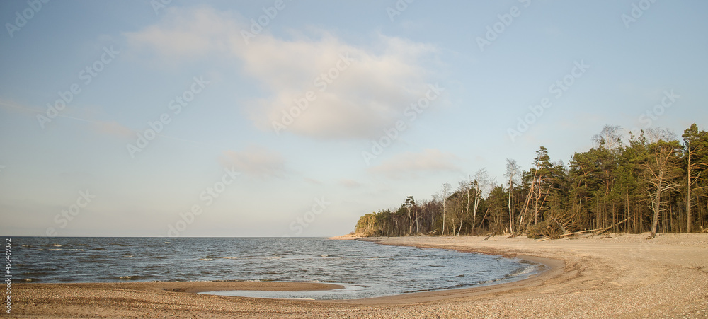 Baltic sea, waves and bend in sunny spring day. 