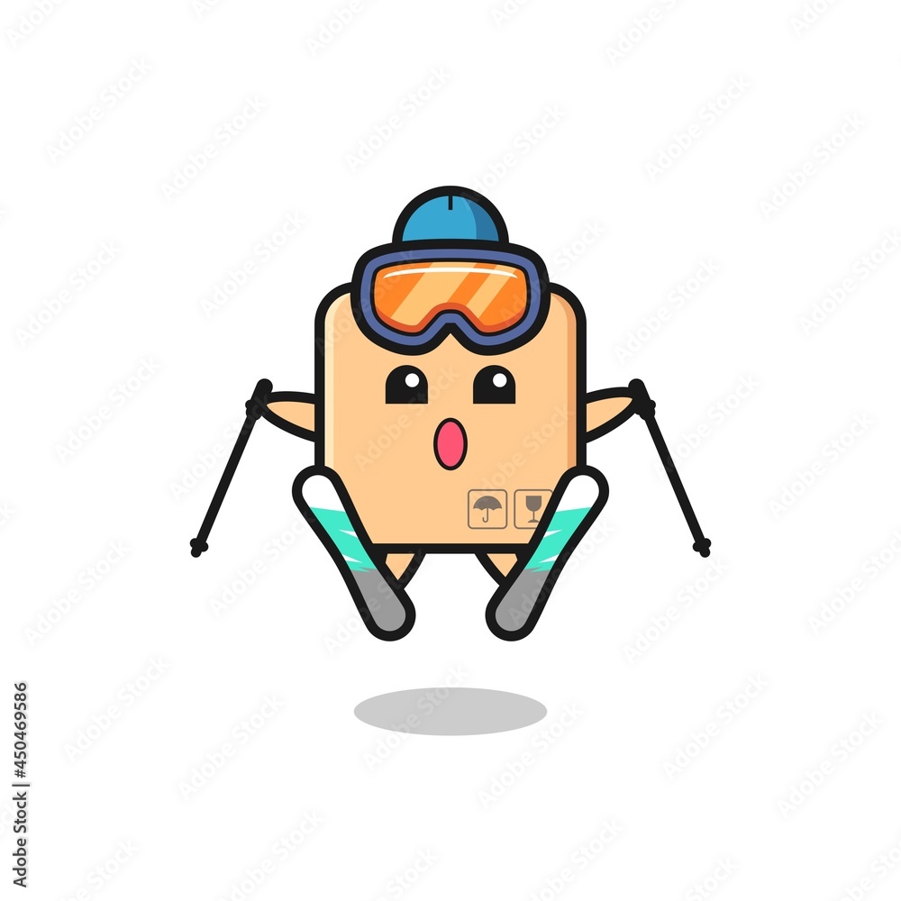cardboard box mascot character as a ski player