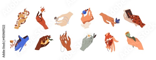 Women hands' set holding different items for witchcraft. Sorcery and wizardry concept. Magicians and witches with snake, magic amulet, tarot card. Flat vector illustration isolated on white background