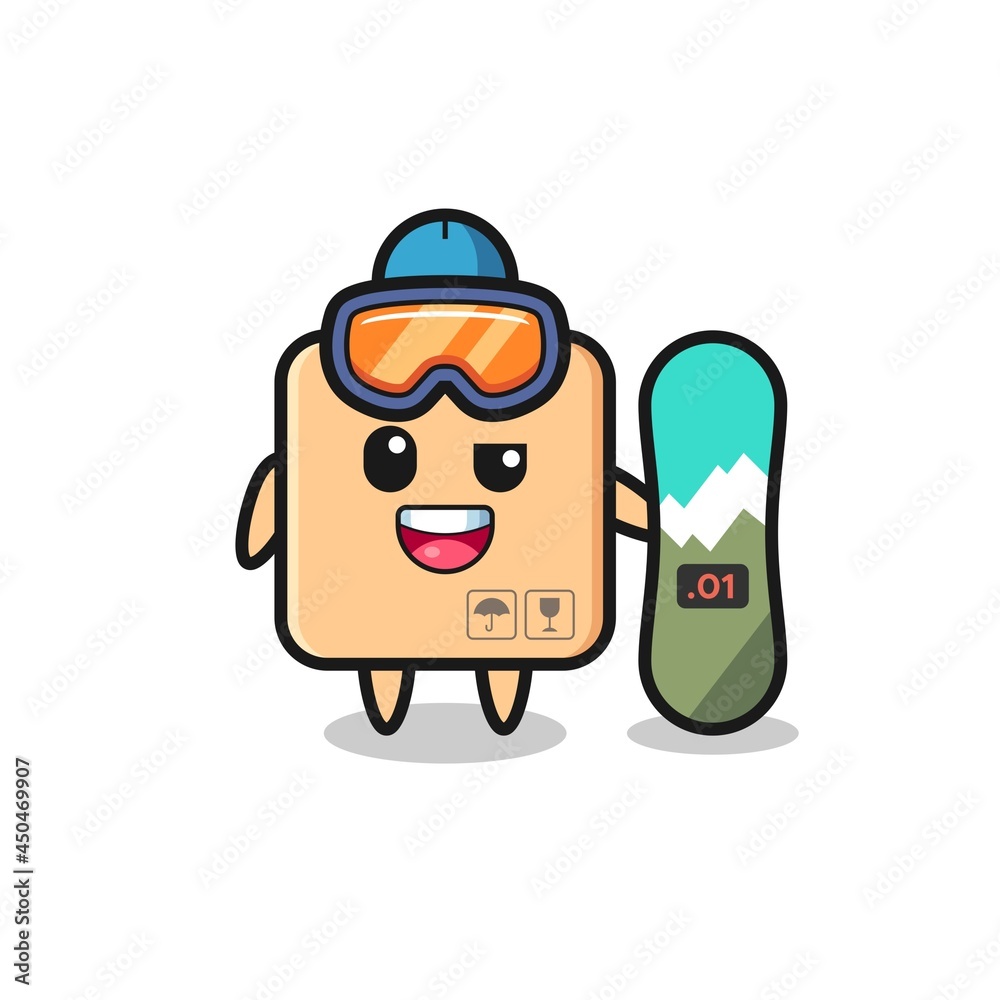 Illustration of cardboard box character with snowboarding style