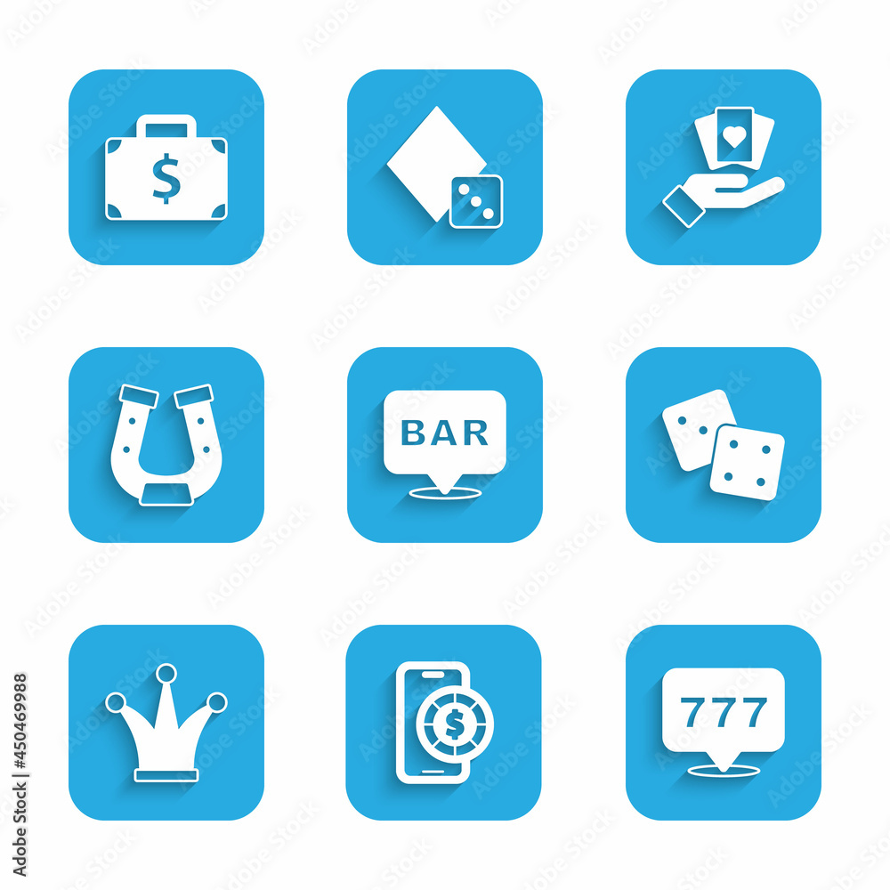 Set Alcohol bar location, Online poker table game, Slot machine with jackpot, Game dice, Joker playing card, Horseshoe, Hand holding cards and Briefcase money icon. Vector Set Alcohol bar location, Online poker table game, Slot machine with jackpot, Game dice, Joker playing card, Horseshoe, Hand holding cards and Briefcase money icon. Vector