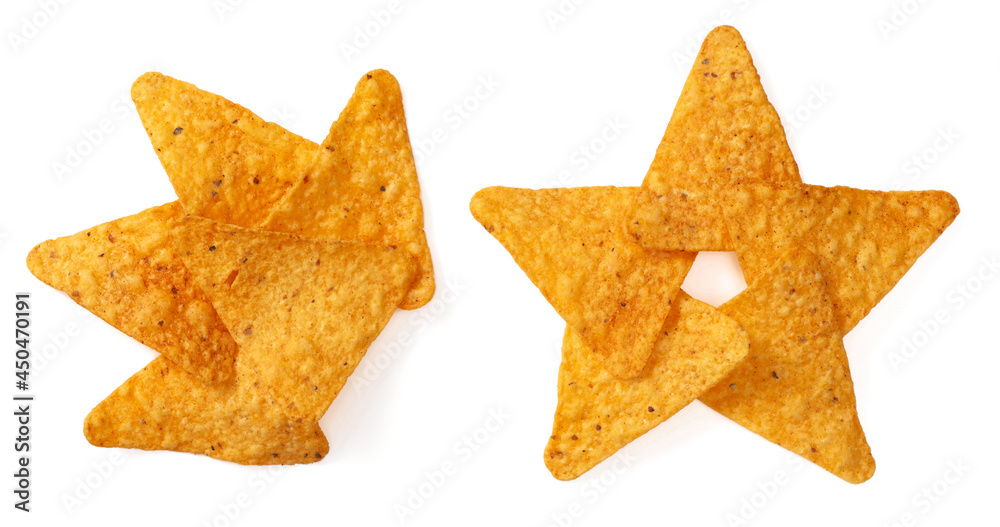 Flavoured corn chips isolated on white background, top view Flavoured corn chips isolated on white background, top view