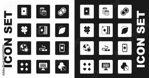 Set Casino chips, Deck of playing cards, slot machine with clover, Playing spades, lemon, Online poker table game and icon. Vector
