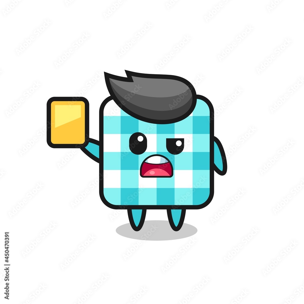 cartoon checkered tablecloth character as a football referee giving a yellow card cartoon checkered tablecloth character as a football referee giving a yellow card