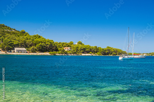 Turquoise lagoon on Adriatic coast in Croatia. Beautiful Mediterranean landscape. Soline bay on Dugi Otok island.