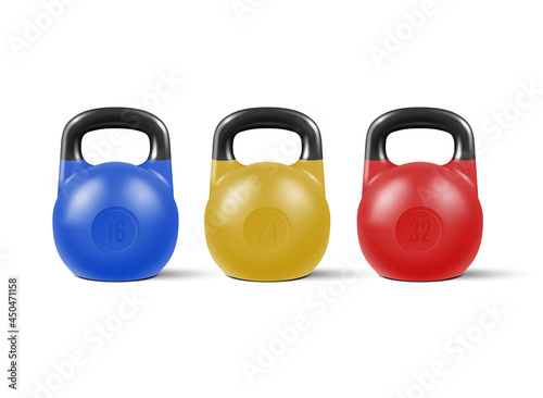 Set of realistic kettlebells for the gym. Vector illustration.