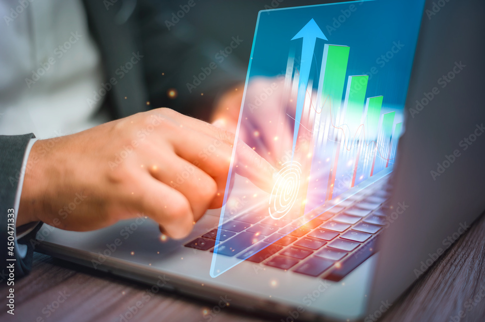 Start-up business concept. switch on start-up business. Businessman Looking at the business growth graph and chart with arrow. Stock market. Business growth, planing and strategy concept. Start-up business concept. switch on start-up business. Businessman Looking at the business growth graph and chart with arrow. Stock market. Business growth, planing and strategy concept.