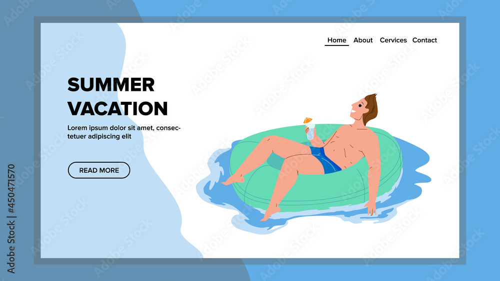 Summer Vacation Resting Man In Swim Pool Vector. Young Boy Floating On Lifebuoy And Drinking Cocktail On Summer Vacation. Character Enjoyment And Leisure Time Web Flat Cartoon Illustration Summer Vacation Resting Man In Swim Pool Vector. Young Boy Floating On Lifebuoy And Drinking Cocktail On Summer Vacation. Character Enjoyment And Leisure Time Web Flat Cartoon Illustration