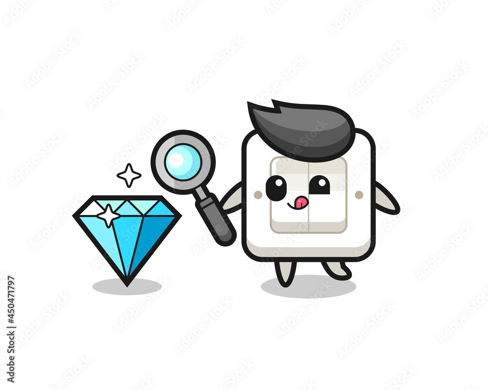 light switch mascot is checking the authenticity of a diamond
