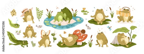 Set of happy frogs, funny toads and cute tadpoles. Set of childish froggy characters with pond, water, leaf, insect and butterfly. Colored flat vector illustrations isolated on white background
