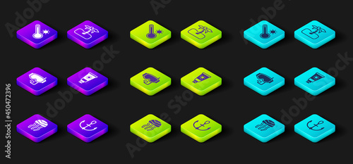 Set Jellyfish, Anchor, Diving mask, Sunscreen cream tube, Tropical palm tree and Meteorology thermometer icon. Vector
