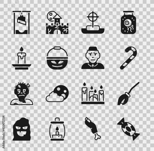 Set Candy, Witches broom, Christmas candy cane, Tombstone with cross, Pumpkin basket for sweets, Burning candle, Guillotine and Priest icon. Vector