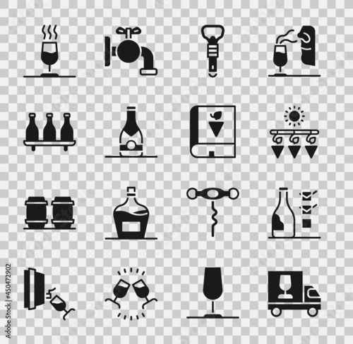 Set Wine truck, Bottle of wine, Drying grapes, opener, Champagne bottle, tasting, degustation and Book about icon. Vector
