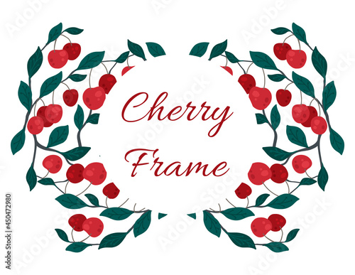 Natural frame with cherries on branches and foliage and place for text. Border with berries on bushes and copy space. Vector flat hand drawn template with branches and fruits for cards and invitations