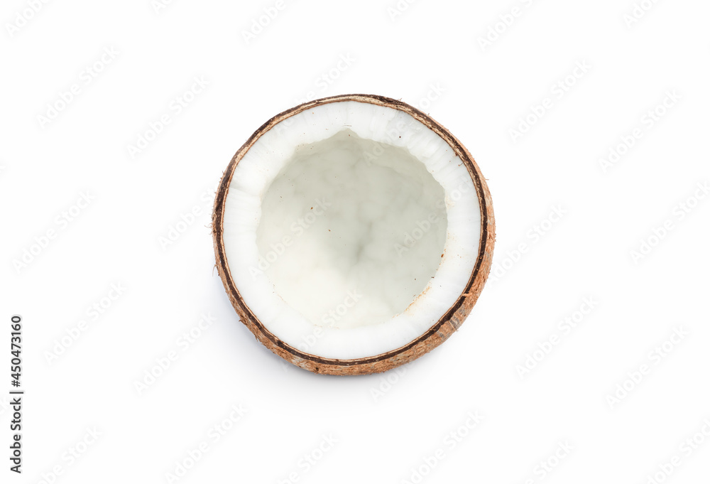 A piece of sliced coconut on an isolated white background