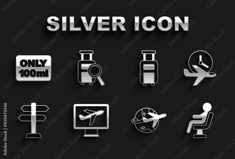 Set Plane, Flight time, Human waiting in airport terminal, Globe with flying plane, Road traffic sign, Suitcase, Liquids carry-on baggage and Lost icon. Vector Set Plane, Flight time, Human waiting in airport terminal, Globe with flying plane, Road traffic sign, Suitcase, Liquids carry-on baggage and Lost icon. Vector