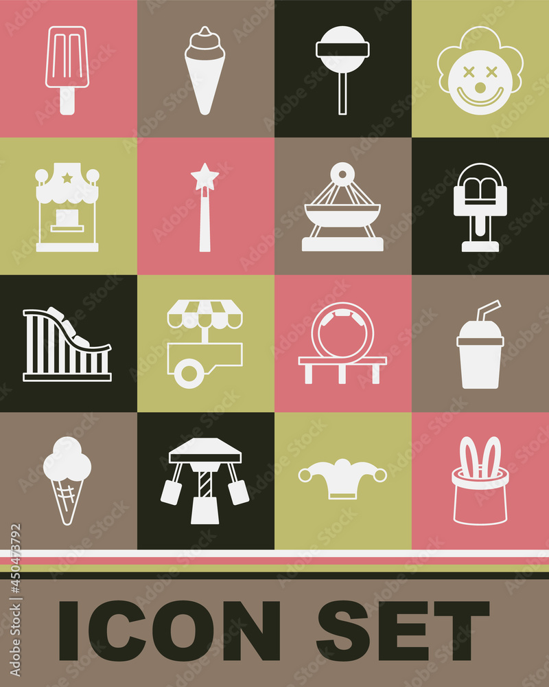 Set Magician hat and rabbit ears, Paper glass with water, Attraction carousel, Lollipop, wand, Ticket box office, Ice cream and Boat swing icon. Vector Set Magician hat and rabbit ears, Paper glass with water, Attraction carousel, Lollipop, wand, Ticket box office, Ice cream and Boat swing icon. Vector