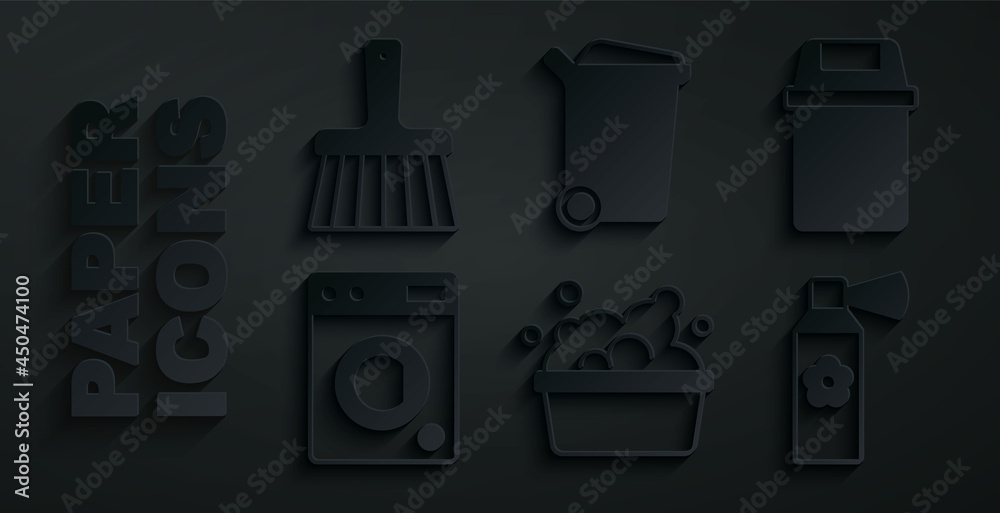 Set Basin with soap suds, Trash can, Washer, Air freshener spray bottle, and Handle broom icon. Vector