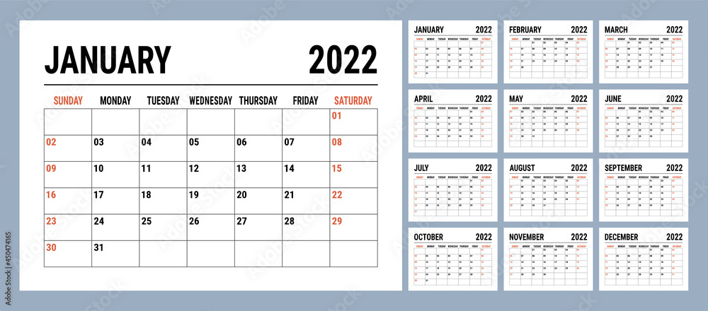 Calendar 2022 year. English template. Vector horizontal grid. Landscape orientation. Office business planning design