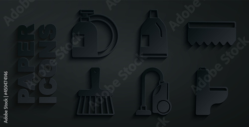 Set Vacuum cleaner, Sponge, Handle broom, Toilet bowl, Bottle for cleaning agent and Dishwashing liquid bottle icon. Vector