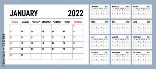 Calendar 2022 year. English template. Vector horizontal grid. Landscape orientation. Office business planning design