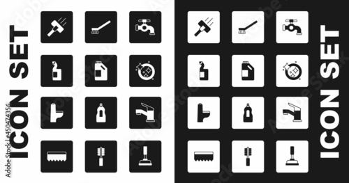 Set Water tap, Bottle for cleaning agent, Dishwashing liquid bottle, Vacuum cleaner, Washing dishes, Brush, and Toilet bowl icon. Vector