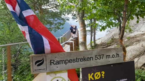 Close Up Of Rampestreken Viewpoint Sign With Norwegian Flag In Andalsnes, Norway. photo