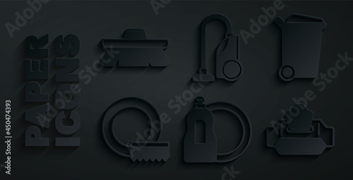 Set Dishwashing liquid bottle, Trash can, Washing dishes, Wet wipe pack, Vacuum cleaner and Brush for cleaning icon. Vector