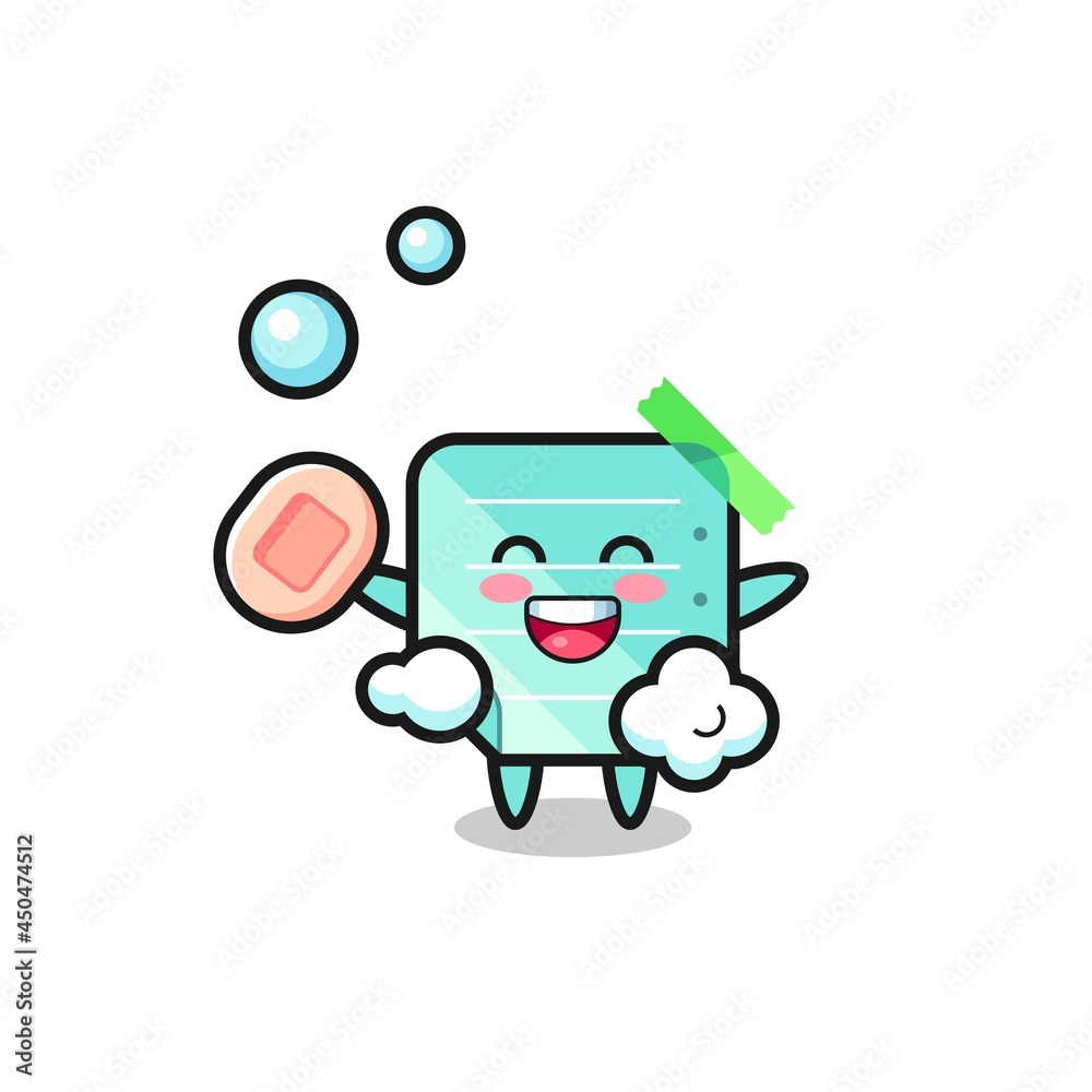 blue sticky notes character is bathing while holding soap