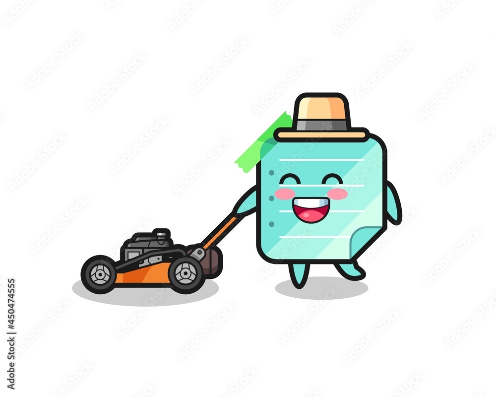 illustration of the blue sticky notes character using lawn mower illustration of the blue sticky notes character using lawn mower