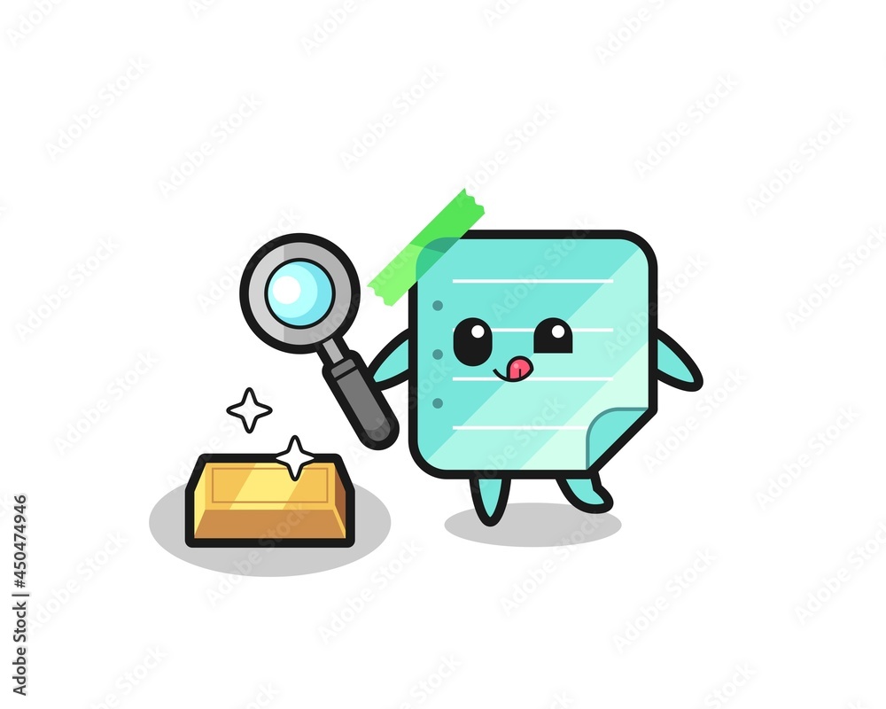 blue sticky notes character is checking the authenticity of the gold bullion