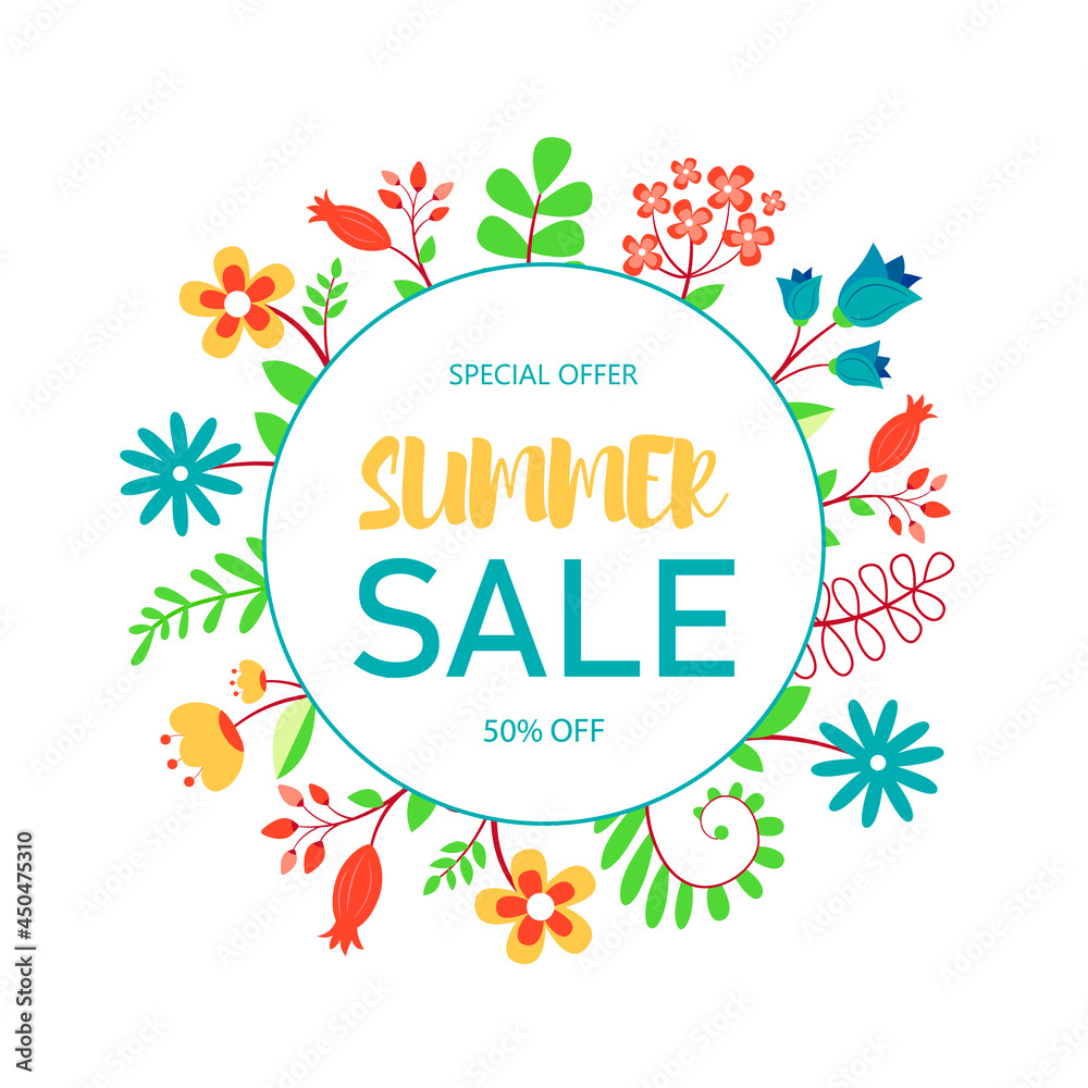 Summer sale poster design. Cute background picture with bright flowers.