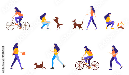 Young woman doing different outdoor activities  running  cycling  rollerblading  walking with dog  traveling. Active and healthy lifestyle concept. illustration in flat style. 