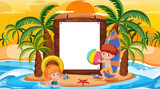 Empty banner template with kids on vacation at the beach sunset scene