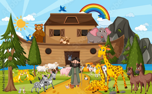 Outdoor nature scene with Noah's Ark with Animals