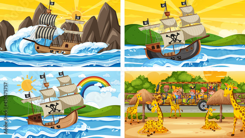 Set of different scenes with pirate ship at the sea and animals in the zoo photo