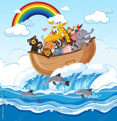 Noah's Ark with animals in the ocean scene