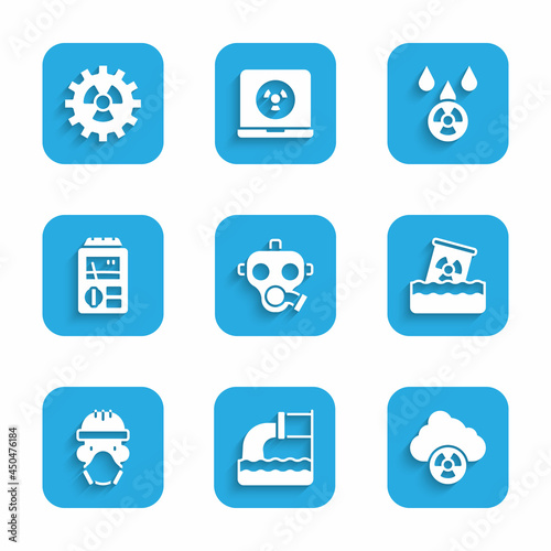 Set Gas mask, Wastewater, Acid rain and radioactive cloud, Radioactive waste barrel, Nuclear reactor worker, Dosimeter, and icon. Vector
