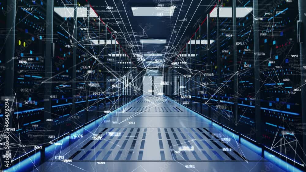 Digital Data Flow Through Rack Servers tunnel in Data Center Loop Animation. Cyber Security, data storage, database information analizing. Cloud Network Future Technology Server Room.