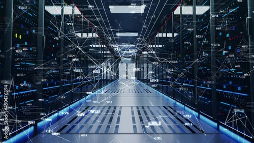 Digital Data Flow Through Rack Servers tunnel in Data Center Loop Animation. Cyber Security, data storage, database information analizing. Cloud Network Future Technology Server Room. photo