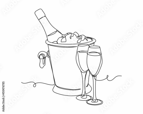 Continuous one line drawing of bottle of champagne ice bucket with stemware in silhouette on a white background. Linear stylized.Minimalist.