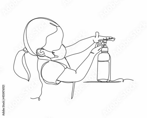 Continuous one line drawing of little girl using wash hand sanitizer in silhouette on a white background. Linear stylized.Minimalist.