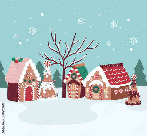 Merry christmas gingerbread house, sweets and desserts tree candy village for fabric, linen, textiles and wallpaper